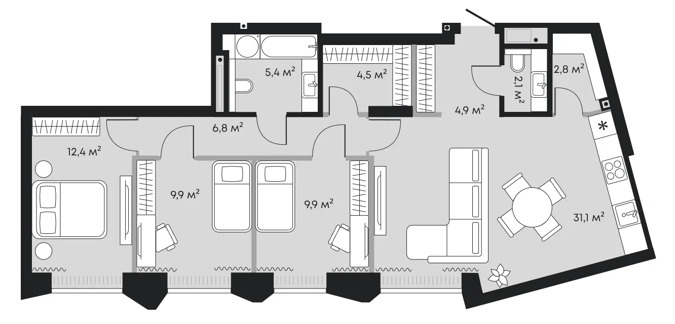 Планировка: евро-четырёшка 89,8 м² — ЖК Челюскинцев 5