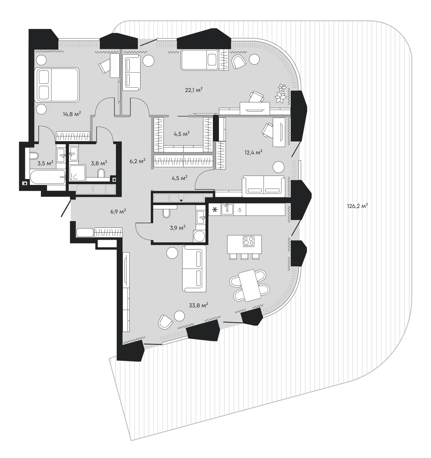 Планировка: евро-четырёшка 242,4 м² — ЖК Челюскинцев 5