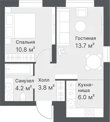 Планировка: евродвушка 38,2 м² — ЖК Дружеский