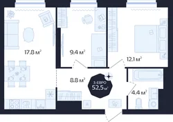 Планировка: евротрёшка 52,5 м² — ЖК Централь
