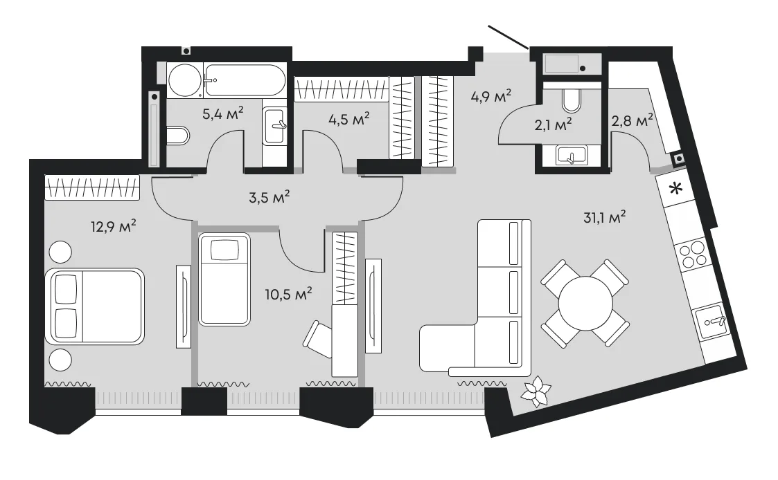 Планировка: евротрёшка 77,7 м² — ЖК Челюскинцев 5
