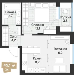 Планировка: 2-комнатная квартира 43,19 м² — ЖК Эклипт