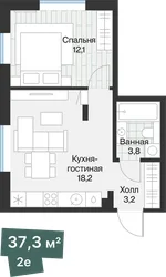 Планировка: евродвушка 37,34 м² — ЖК Эклипт