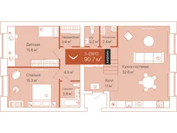 Планировка: евротрёшка 90,7 м² — ЖК Спасская