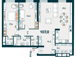 Планировка: евротрёшка 107 м² — ЖК Республика