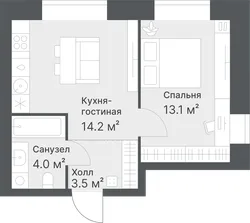 Планировка: евродвушка 34,8 м² — ЖК Дружеский