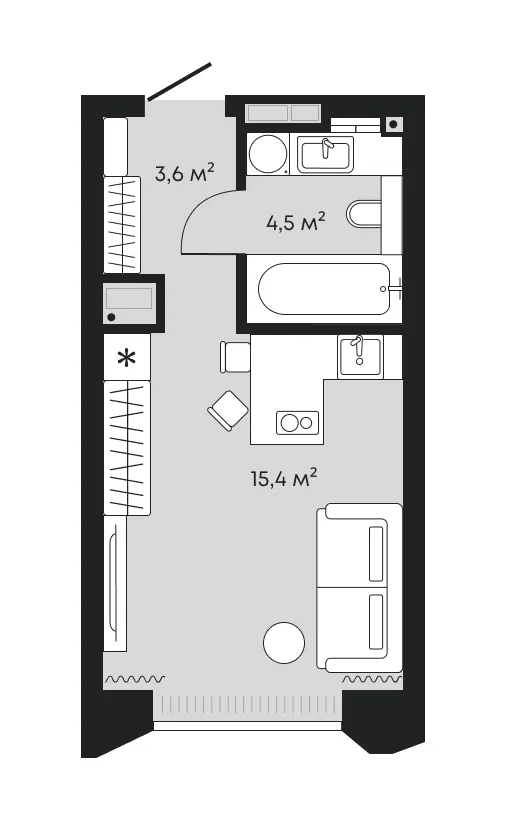 Планировка: студия 23,5 м² — ЖК Челюскинцев 5
