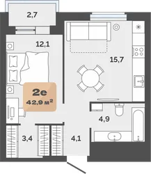 Планировка: евродвушка 41,55 м² — ЖК Баланс