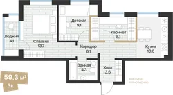 Планировка: 3-комнатная квартира 57,23 м² — ЖК Эклипт