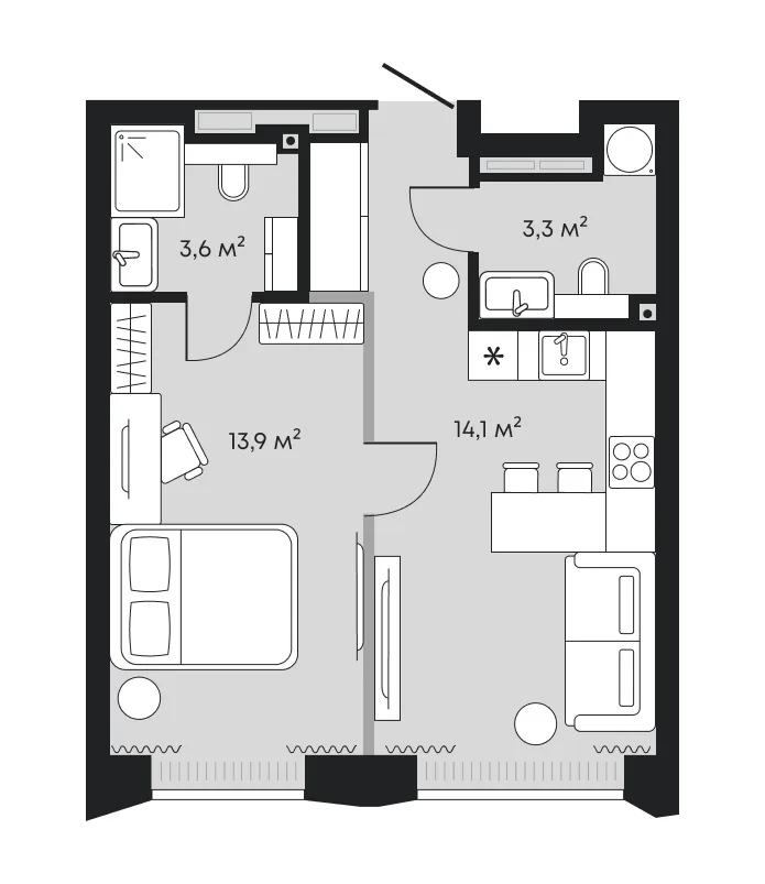 Планировка: евродвушка 38,3 м² — ЖК Челюскинцев 5