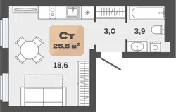 Планировка: студия 25,5 м² — ЖК Баланс