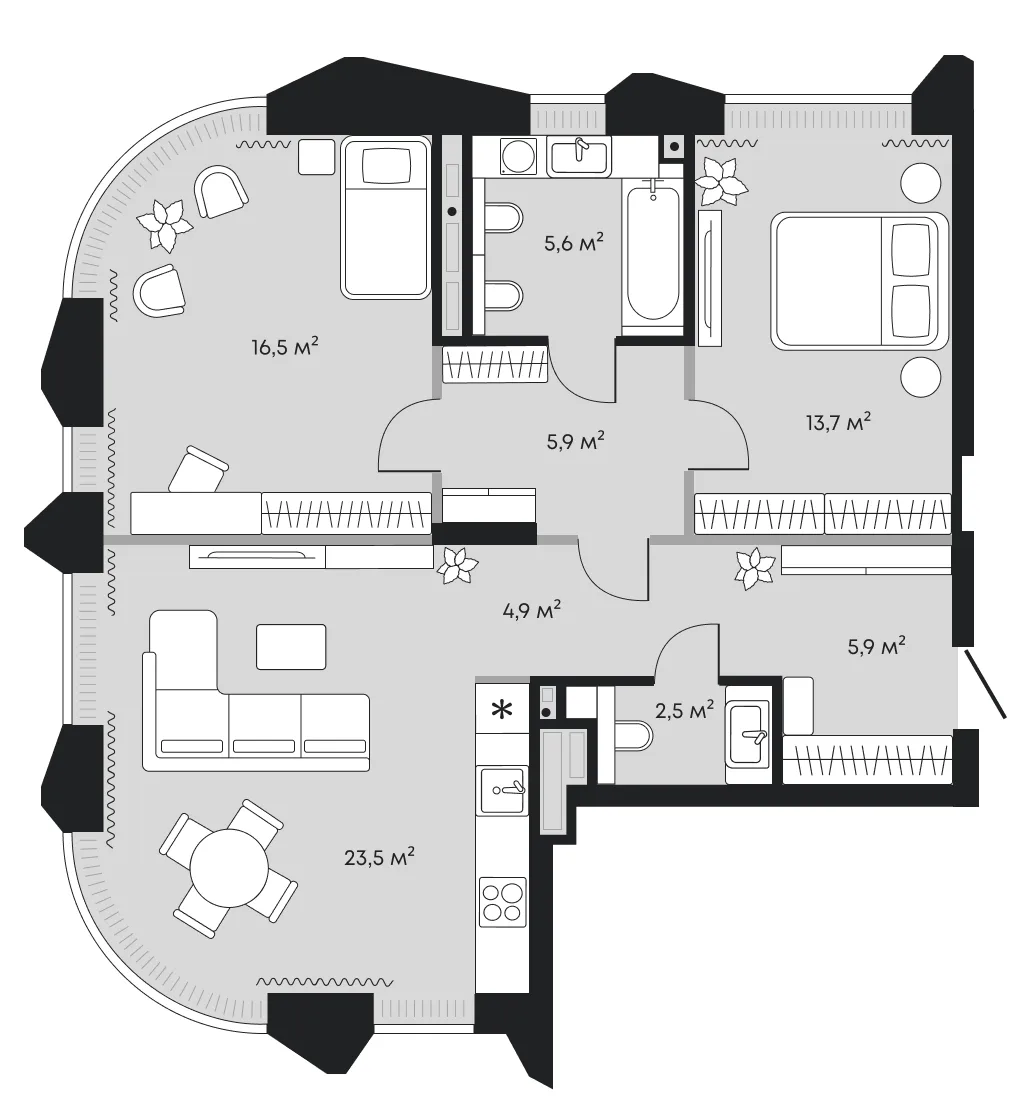 Планировка: евротрёшка 78,5 м² — ЖК Челюскинцев 5