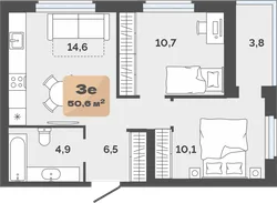 Планировка: евротрёшка 46,8 м² — ЖК Баланс