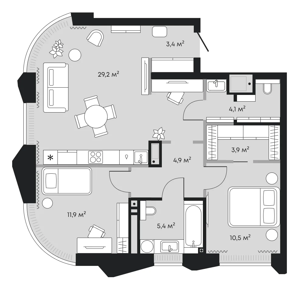 Планировка: евротрёшка 73,3 м² — ЖК Челюскинцев 5