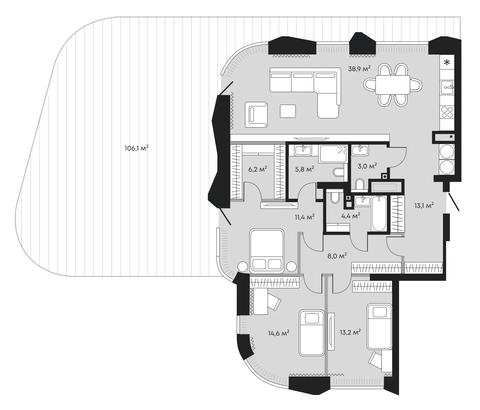 Планировка: евро-четырёшка 224,7 м² — ЖК Челюскинцев 5