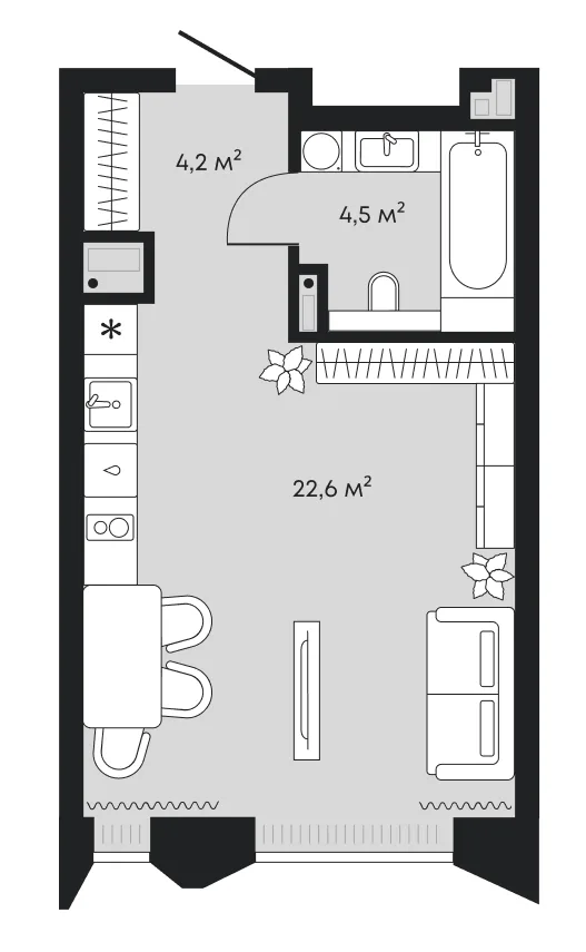 Планировка: студия 31,3 м² — ЖК Челюскинцев 5