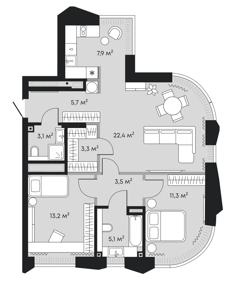 Планировка: евротрёшка 75,5 м² — ЖК Челюскинцев 5