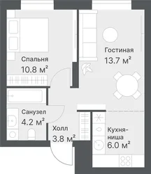 Планировка: евродвушка 38,5 м² — ЖК Дружеский