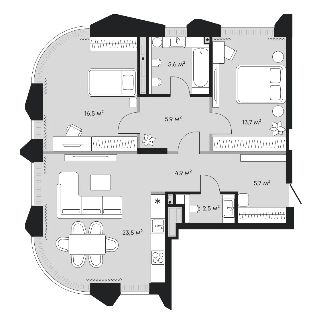 Планировка: евротрёшка 78,5 м² — ЖК Челюскинцев 5
