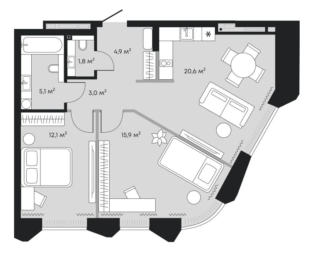 Планировка: евротрёшка 63,4 м² — ЖК Челюскинцев 5