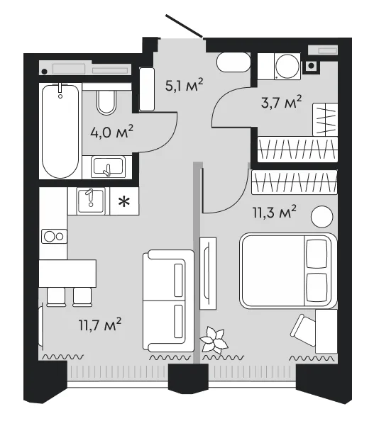 Планировка: 1-комнатная квартира 35,8 м² — ЖК Челюскинцев 5