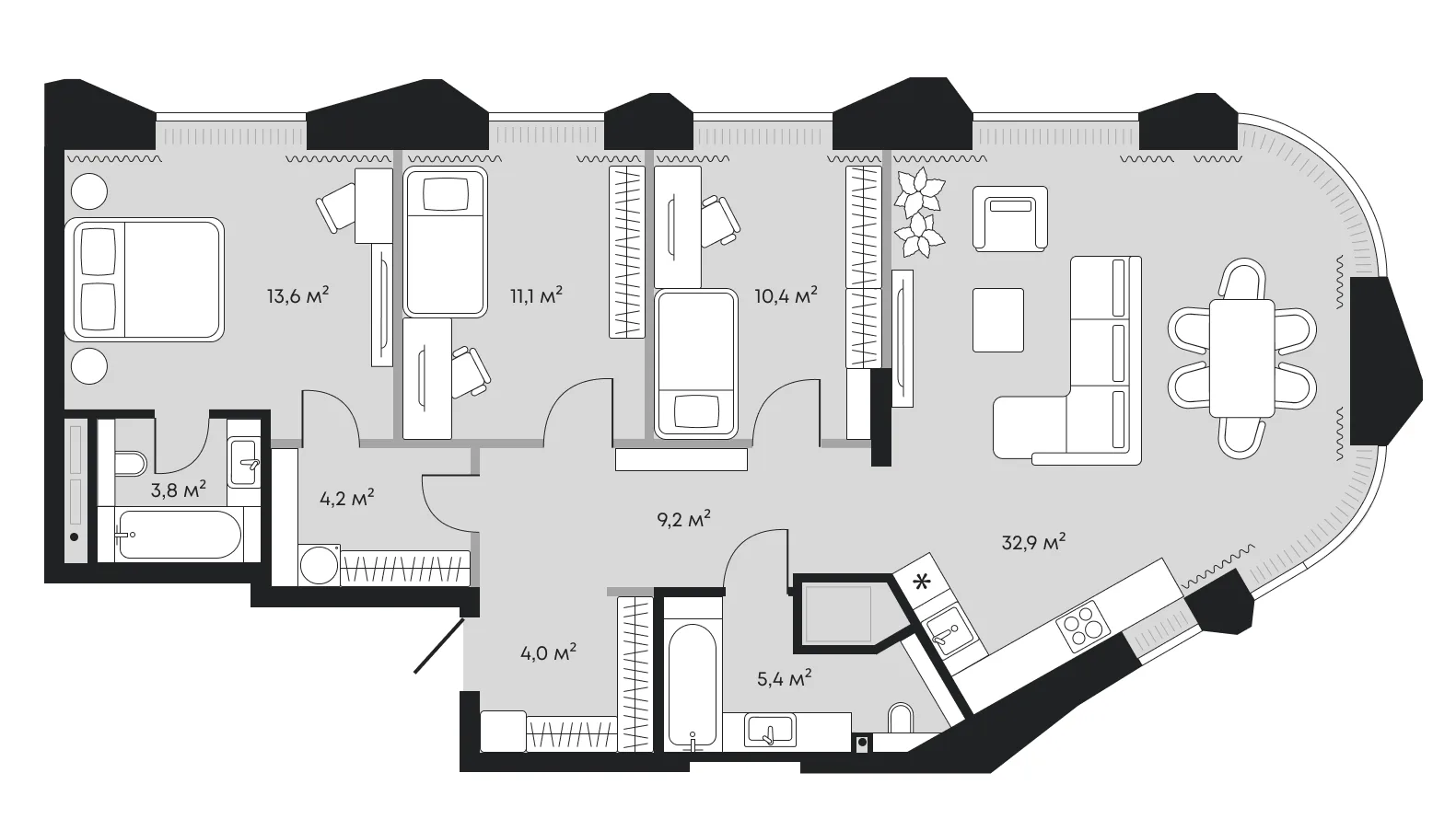 Планировка: евро-четырёшка 94,5 м² — ЖК Челюскинцев 5