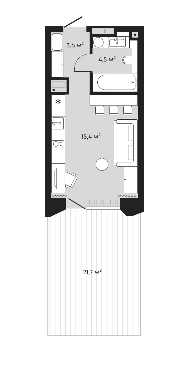 Планировка: студия 45,2 м² — ЖК Челюскинцев 5