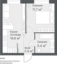 Планировка: евродвушка 36,1 м² — ЖК Дружеский