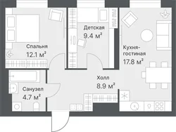 Планировка: евротрёшка 52,9 м² — ЖК Дружеский