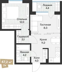 Планировка: 2-комнатная квартира 45,03 м² — ЖК Эклипт